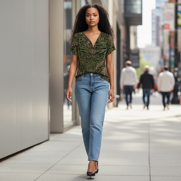 Jaclyn Smith Tops - Jaclyn Smith Collection Olive Pink Navy Patterned Women's Blouse